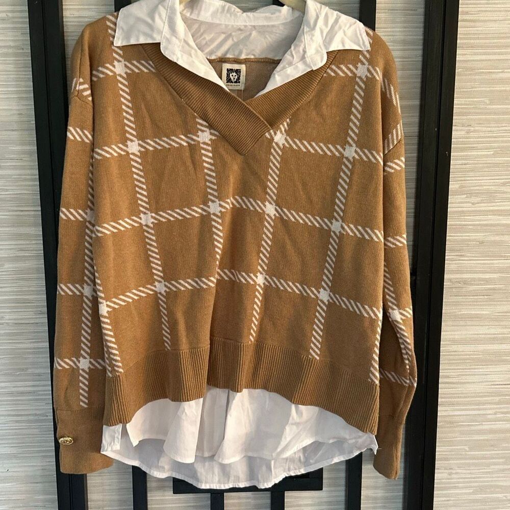 Anne Klein camel color tan white sweater with faux blouse underneath size S